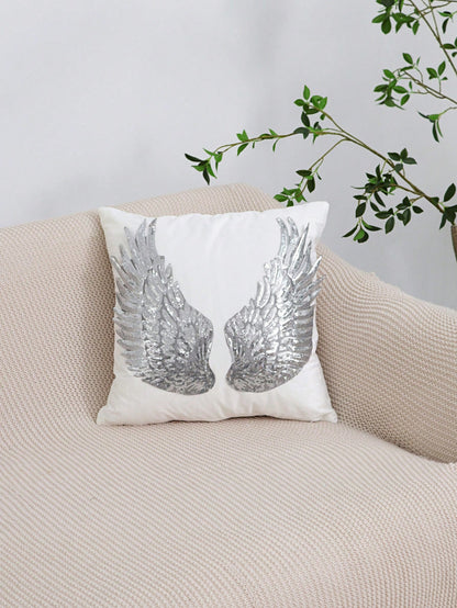 1pc/2pcs White Velvet Silver Wings Pattern Pillow Cover, Bohemian Sequin Embroidery Feather Decor Lumbar Cushion Cover For Bedroom, Living Room, Sofa, Car, Holiday Party, Garden, 30*50cm, 45*45cm, Pil
