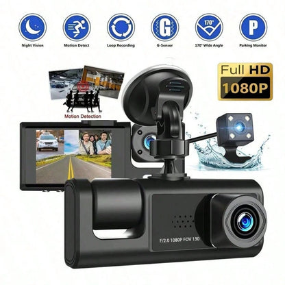 1pc 3-Channel 1080P Full HD Dual Lens Dash Cam, Front And Rear Recording, 2-Inch Display, Loop Recording, 150mAh Battery (SD Card Not Included)