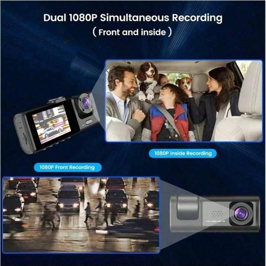 1pc 3-Channel 1080P Full HD Dual Lens Dash Cam, Front And Rear Recording, 2-Inch Display, Loop Recording, 150mAh Battery (SD Card Not Included)