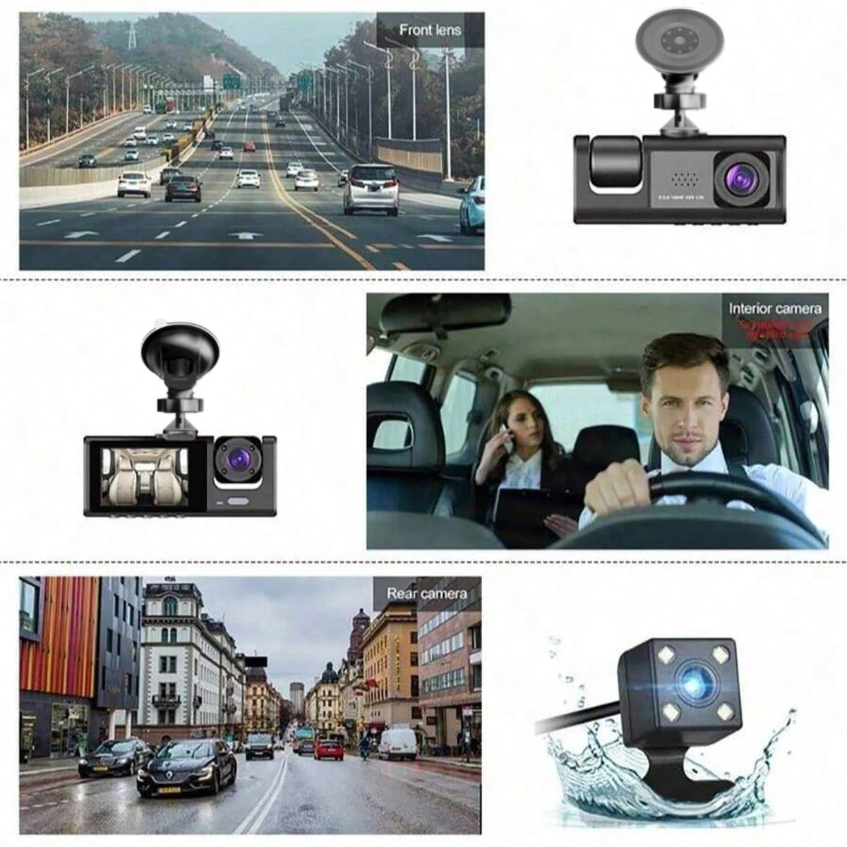 1pc 3-Channel 1080P Full HD Dual Lens Dash Cam, Front And Rear Recording, 2-Inch Display, Loop Recording, 150mAh Battery (SD Card Not Included)