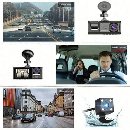 1pc 3-Channel 1080P Full HD Dual Lens Dash Cam, Front And Rear Recording, 2-Inch Display, Loop Recording, 150mAh Battery (SD Card Not Included)