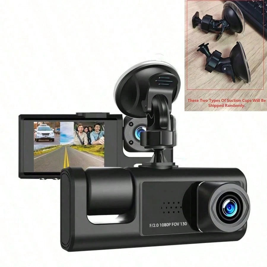 1pc 3-Channel 1080P Full HD Dual Lens Dash Cam, Front And Rear Recording, 2-Inch Display, Loop Recording, 150mAh Battery (SD Card Not Included)