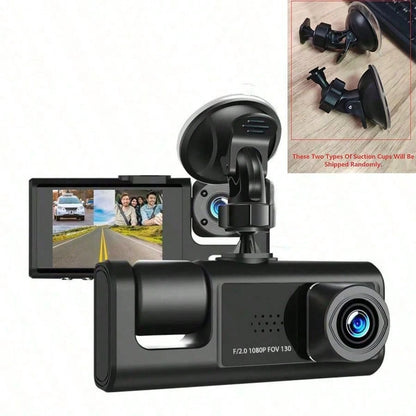 1pc 3-Channel 1080P Full HD Dual Lens Dash Cam, Front And Rear Recording, 2-Inch Display, Loop Recording, 150mAh Battery (SD Card Not Included)