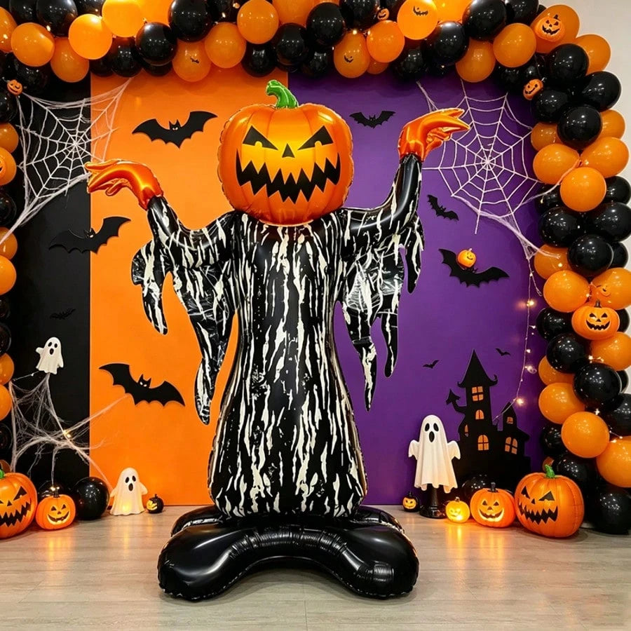 1pc 46 Inch Vertical Pumpkin Devil Foil Balloon, Halloween Indoor/Outdoor Decoration Balloon, Halloween Haunted House Decoration Prop