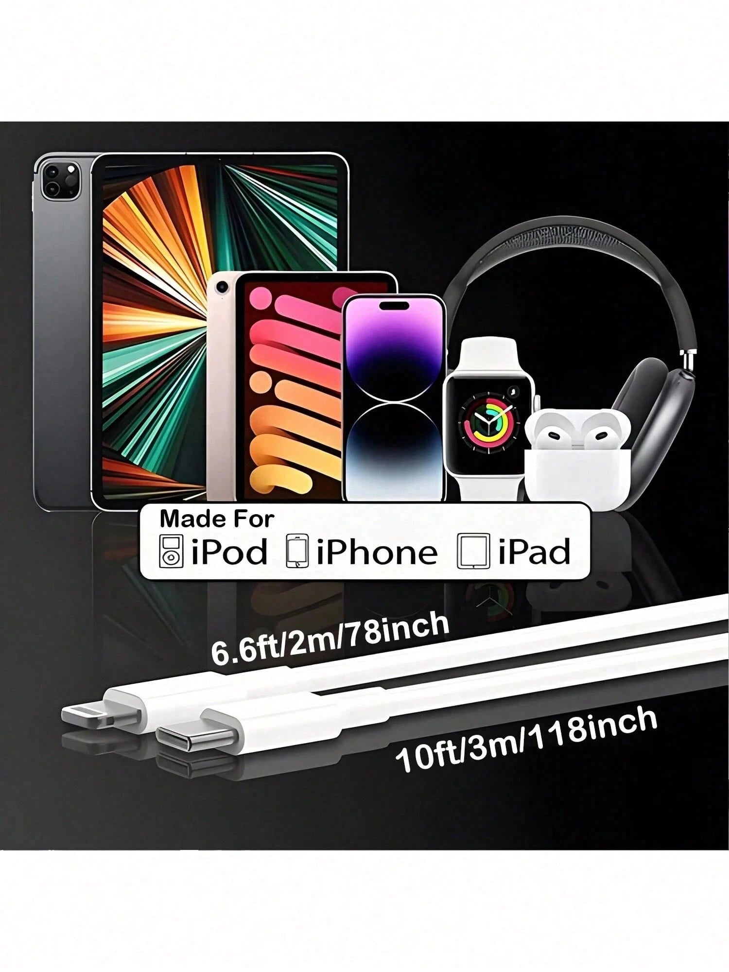 1pc [6.6ft/2m, 3.3ft/1m] Car Charger Cable, Compatible With IPhone, USB C To Lightning Cable, Compatible With IPhone 14/13/12/11 Pro Max/Xs Max/Xr/Xs/X/8/7 And More, Fast Charging, MFi Certified