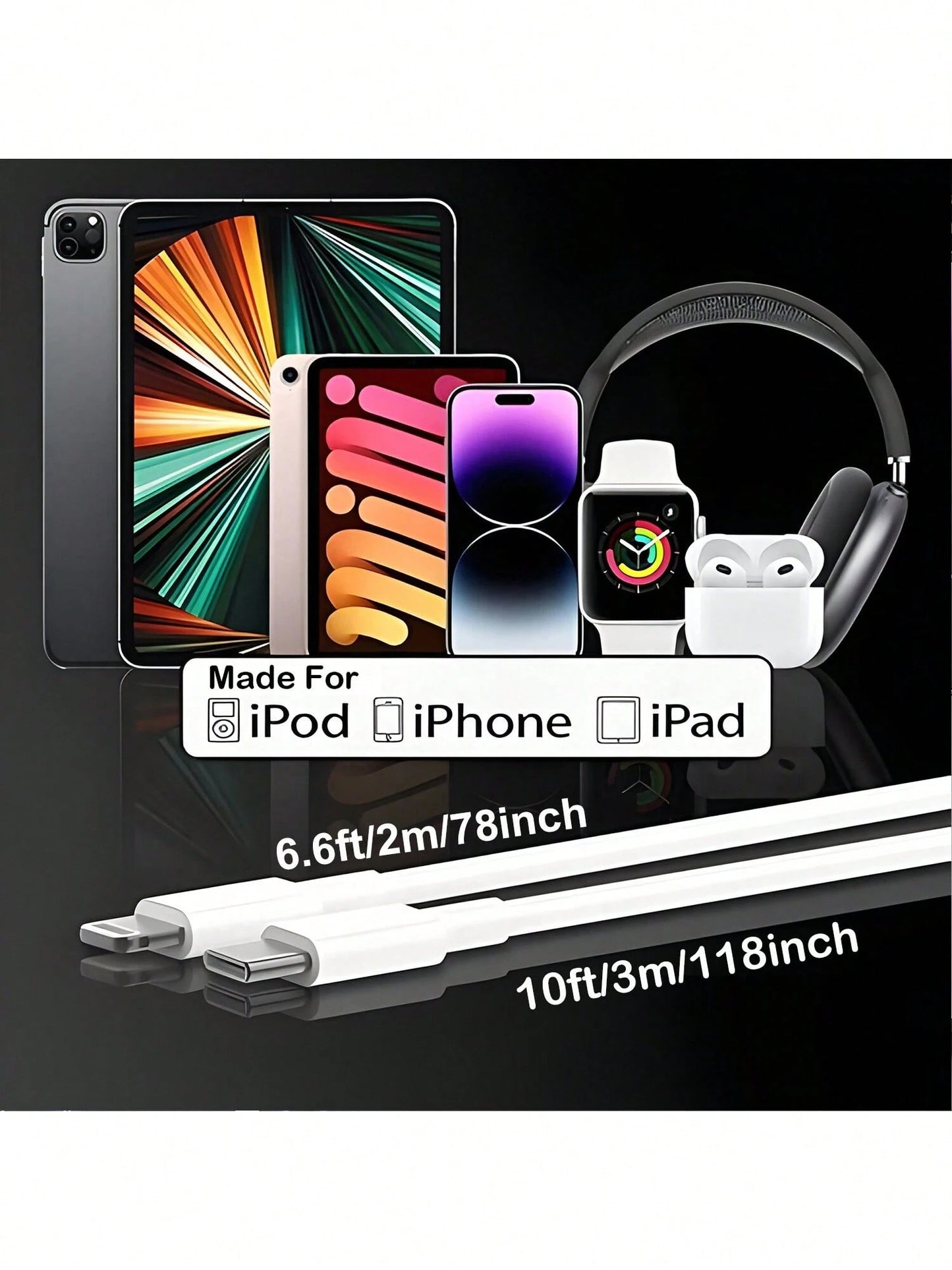 1Pc [6.6ft/2m, 10ft/3m]Car Carplay Fast Charger Cable Compatible With IPhone USB C To Lightning Cable Compatible With IPhone 14/13/12/11 Pro Max/Xs Max/ Xr/Xs/X/8/7 And More Fast Charging MFi Certifie
