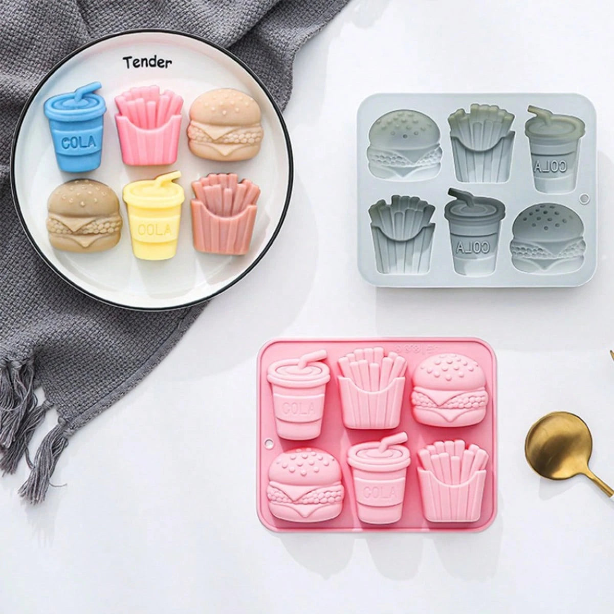 1pc 6-Cavity Silicone Mold, Suitable For Making Burgers, Fries And Soda, Reusable And Easy To Clean, Applicable For Handicrafts, Resin, Gypsum And Other Materials