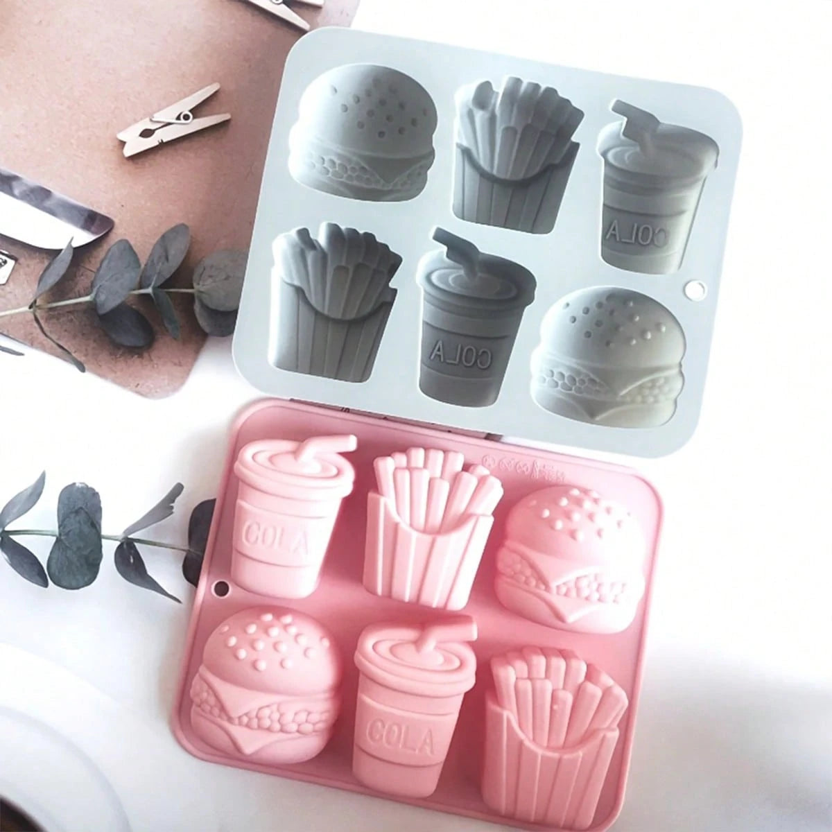 1pc 6-Cavity Silicone Mold, Suitable For Making Burgers, Fries And Soda, Reusable And Easy To Clean, Applicable For Handicrafts, Resin, Gypsum And Other Materials