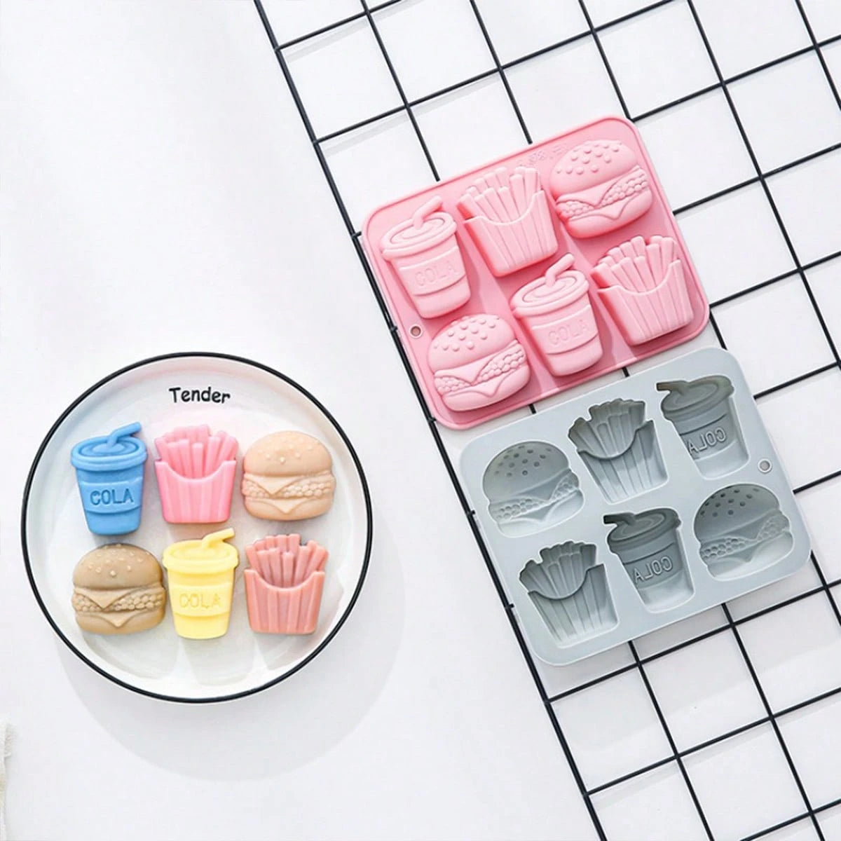 1pc 6-Cavity Silicone Mold, Suitable For Making Burgers, Fries And Soda, Reusable And Easy To Clean, Applicable For Handicrafts, Resin, Gypsum And Other Materials