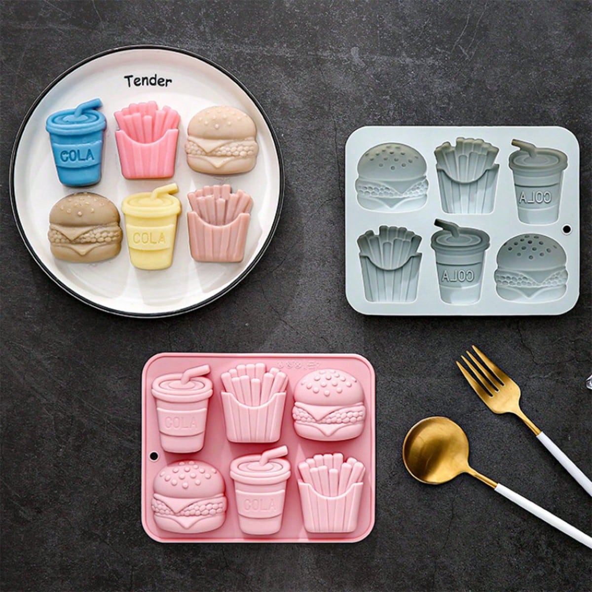 1pc 6-Cavity Silicone Mold, Suitable For Making Burgers, Fries And Soda, Reusable And Easy To Clean, Applicable For Handicrafts, Resin, Gypsum And Other Materials