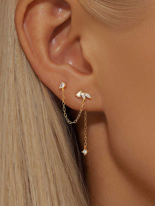 1PC 925 Sterling Silver Prong Setting Stud Long Tassel Flat Back Cartilage Helix Piercing Jewelry For Women Daily Wear Wedding Party Engagement Anniversary Valentine's Day