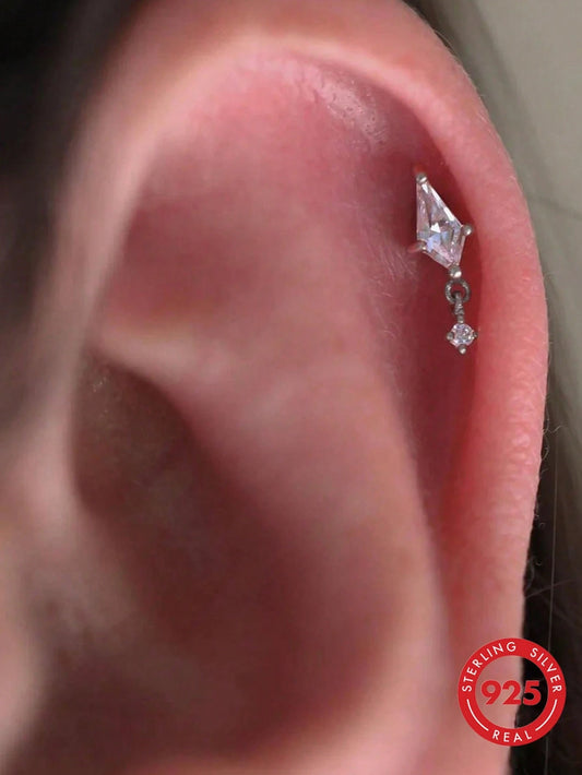 1PC 925 Sterling Silver Triangular Earrings With Ins Style All-Match Diamond-Encrusted Ball Ball Small Ear Bone Stud Ladies Jewelry Suitable For Girls