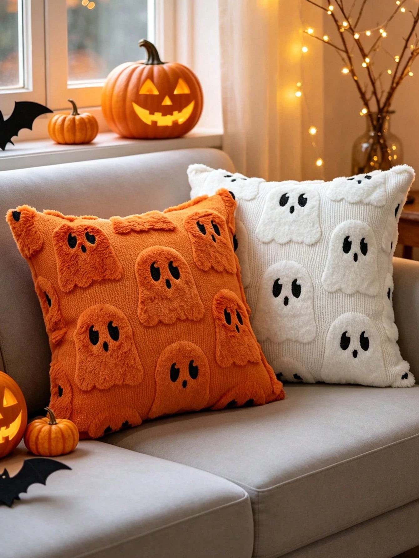 1pc Autumn/Winter Halloween Ghost Theme Cushion Cover, Cute Little Ghost Pattern Pillowcase, Soft Decor For Homestay Bedroom Party, Invisible Zipper, Machine Washable, Holiday Atmosphere Sofa Decorati