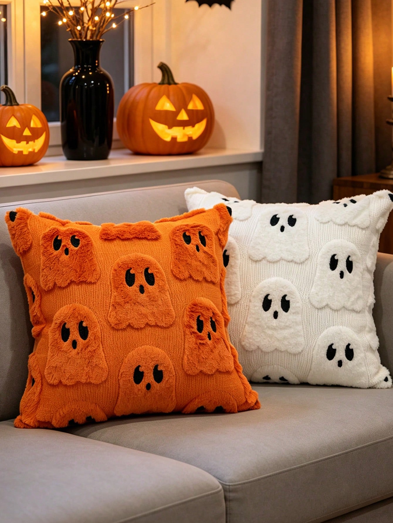 1pc Autumn/Winter Halloween Ghost Theme Cushion Cover, Cute Little Ghost Pattern Pillowcase, Soft Decor For Homestay Bedroom Party, Invisible Zipper, Machine Washable, Holiday Atmosphere Sofa Decorati
