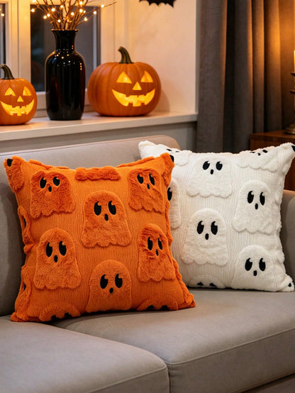 1pc Autumn/Winter Halloween Ghost Theme Cushion Cover, Cute Little Ghost Pattern Pillowcase, Soft Decor For Homestay Bedroom Party, Invisible Zipper, Machine Washable, Holiday Atmosphere Sofa Decorati