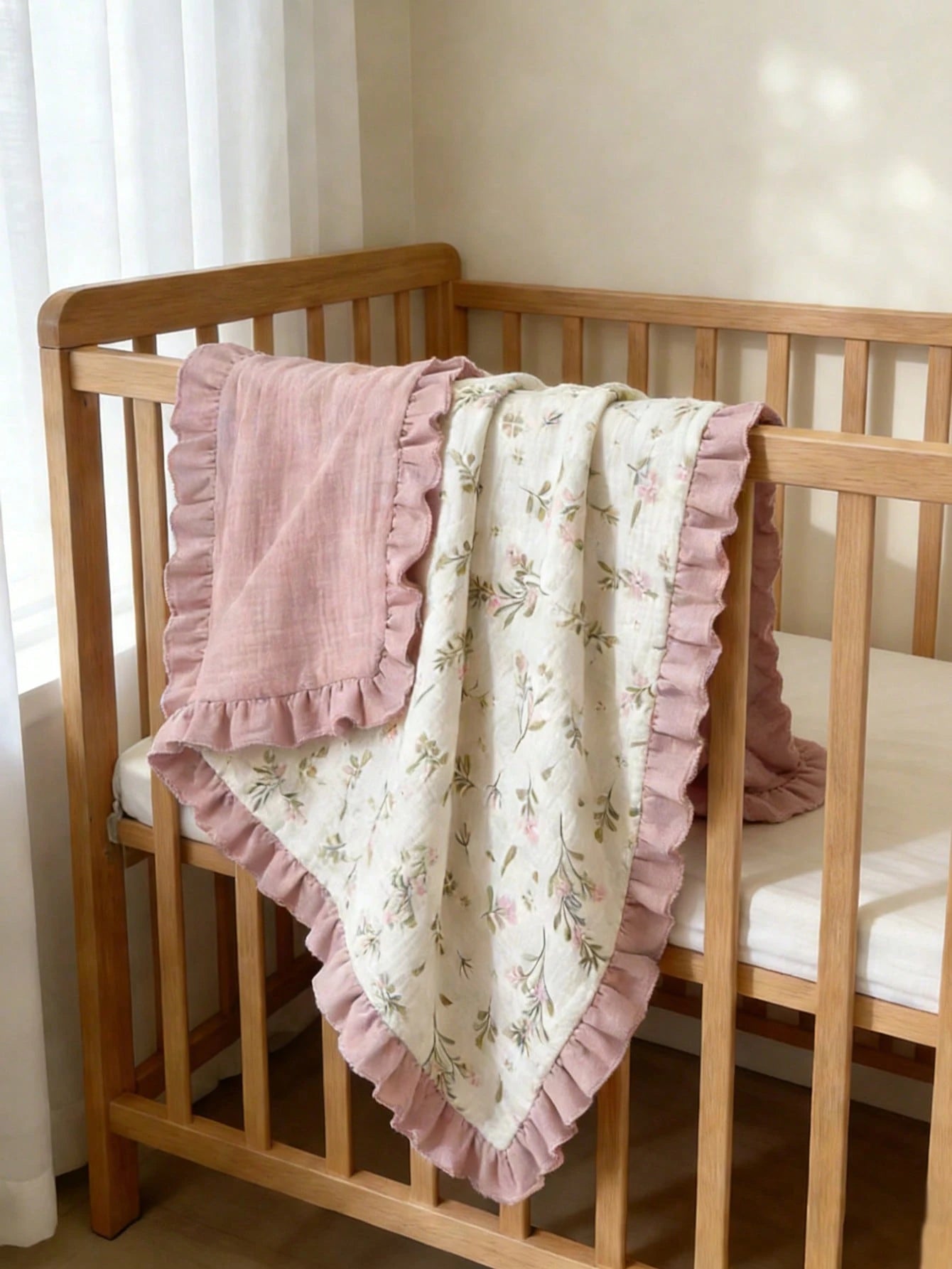 1pc Baby Blanket, Floral Print With Ruffle Edge, Soft Fine Fabric, Spring/Summer New Arrival, Essential Baby Daily Item