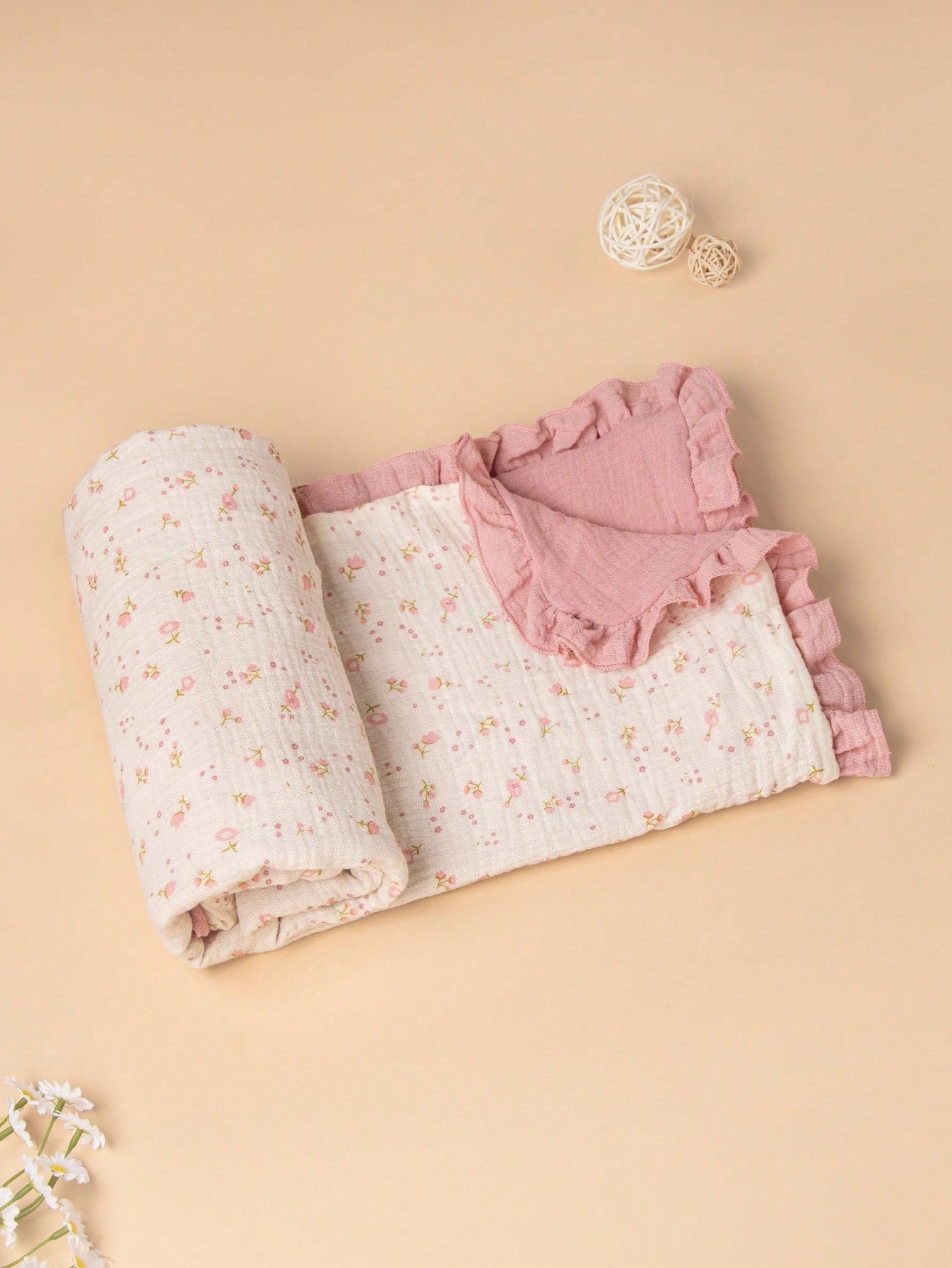 1pc Baby Blanket, Floral Print With Ruffle Edge, Soft Fine Fabric, Spring/Summer New Arrival, Essential Baby Daily Item