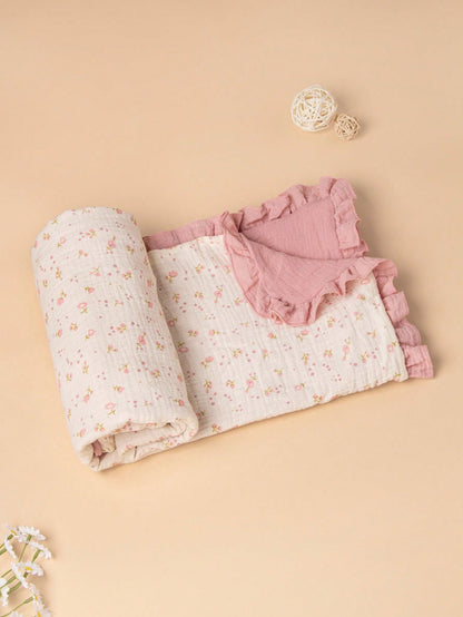 1pc Baby Blanket, Floral Print With Ruffle Edge, Soft Fine Fabric, Spring/Summer New Arrival, Essential Baby Daily Item
