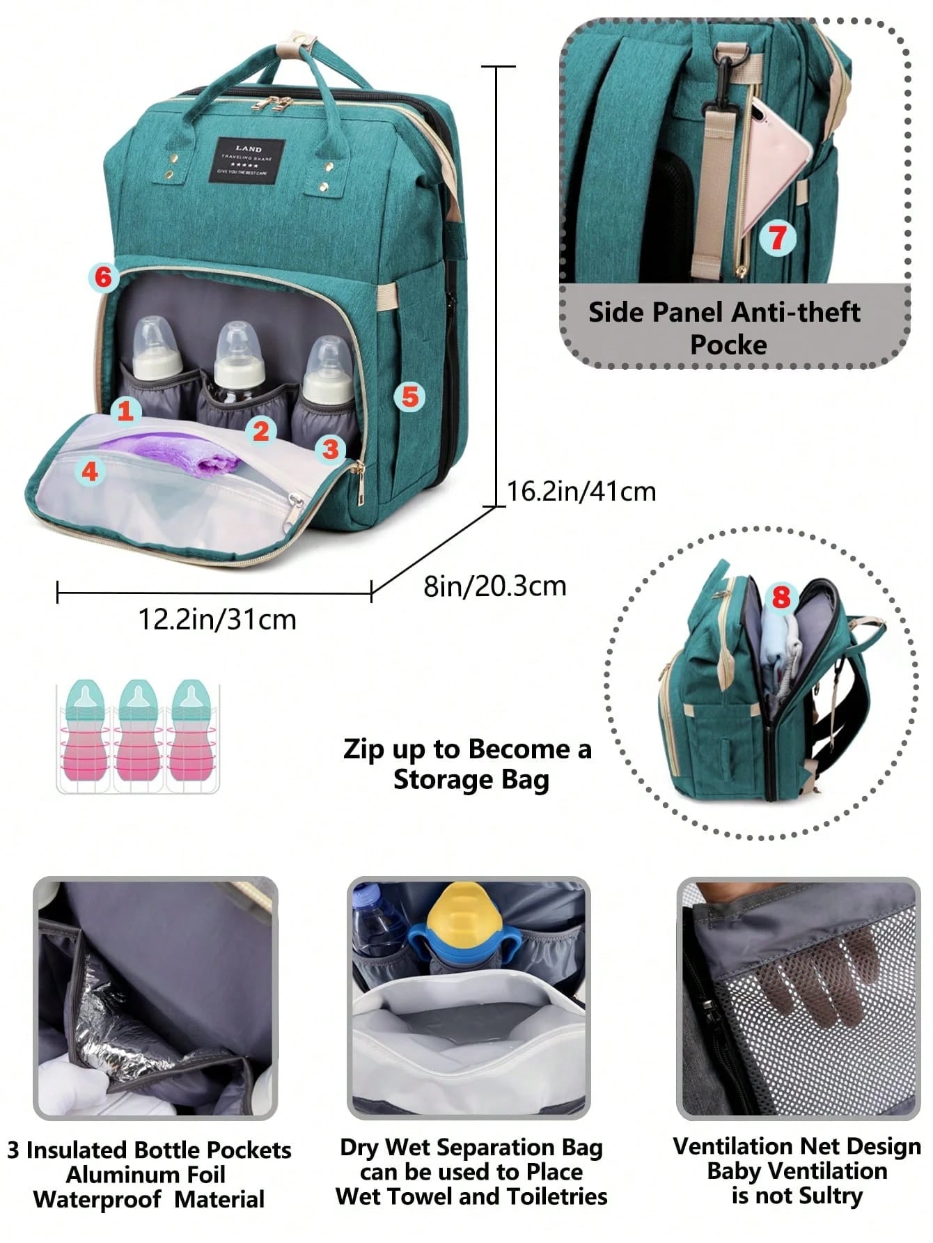 1pc Baby Diaper Bag Backpack With Changing Station, Multifunction Portable Waterproof Large Capacity Travel Baby Changing Bags, Baby Stuff Organizer, Baby Registry Search, Baby Diaper Bags For Boys &