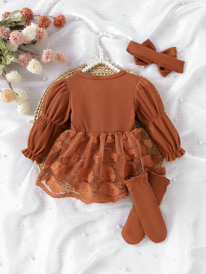 1pc Baby Girl Cute Long Sleeve Mesh Patchwork Dress With Headband And Socks, Spring/Autumn Thin Style