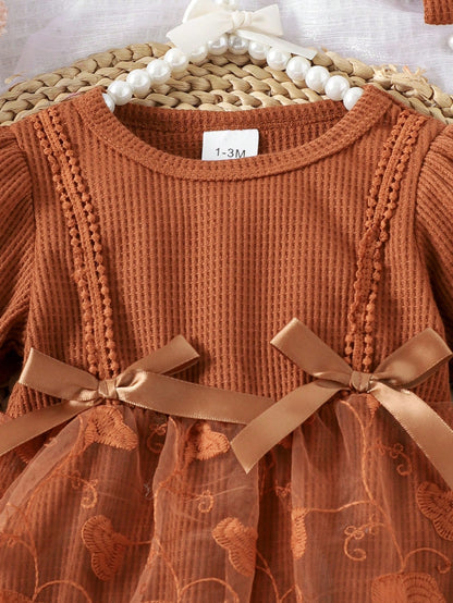 1pc Baby Girl Cute Long Sleeve Mesh Patchwork Dress With Headband And Socks, Spring/Autumn Thin Style