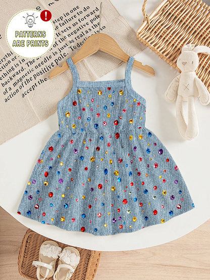 1pc Baby Girls Casual Cute Colorful Gemstone 3D Print Spring Summer Autumn Winter All Season Wear Vacation Print Knit Cami Dress, Summer Dresses, Vacation Dresses