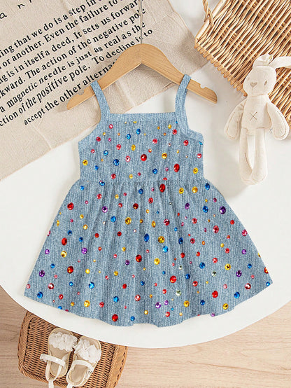 1pc Baby Girls Casual Cute Colorful Gemstone 3D Print Spring Summer Autumn Winter All Season Wear Vacation Print Knit Cami Dress, Summer Dresses, Vacation Dresses