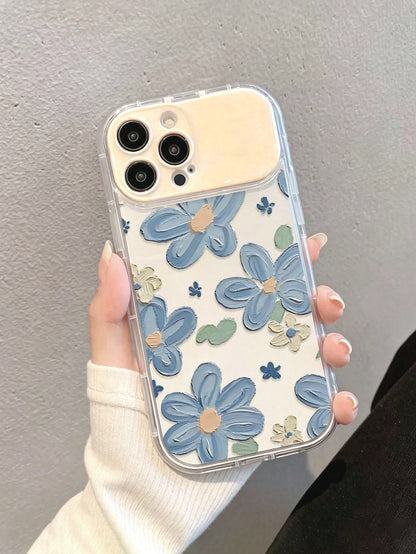 1pc Beige TPU Floral Painted Flip Mirror Minimalist Phone Case With Mirror Stand, Anti-Fall Protective Cover Compatible With IPhone 17pro/17Air/17/17promax 16/11/16pro/16plus/16promax/16e/15Promax/13