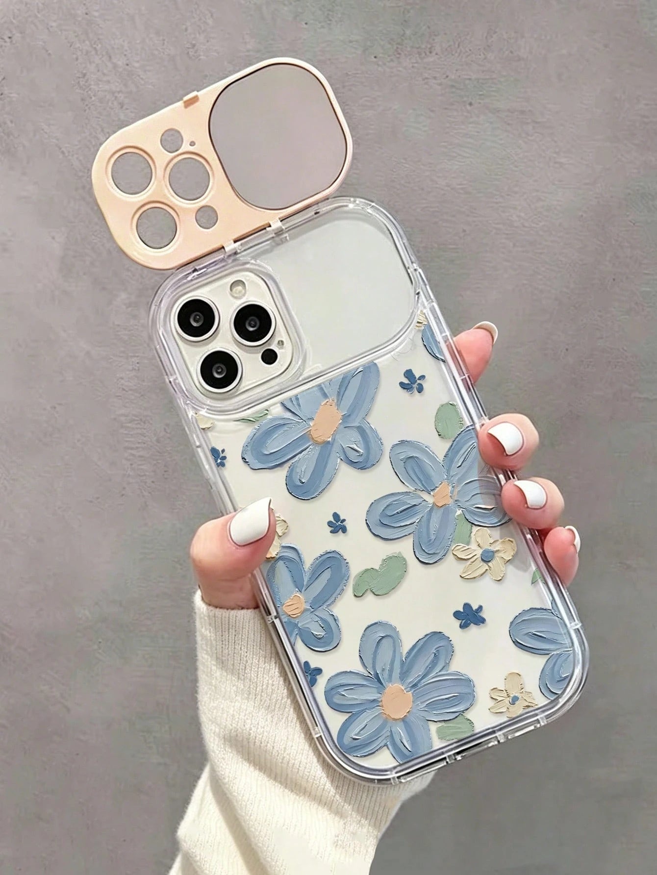 1pc Beige TPU Floral Painted Flip Mirror Minimalist Phone Case With Mirror Stand, Anti-Fall Protective Cover Compatible With IPhone 17pro/17Air/17/17promax 16/11/16pro/16plus/16promax/16e/15Promax/13