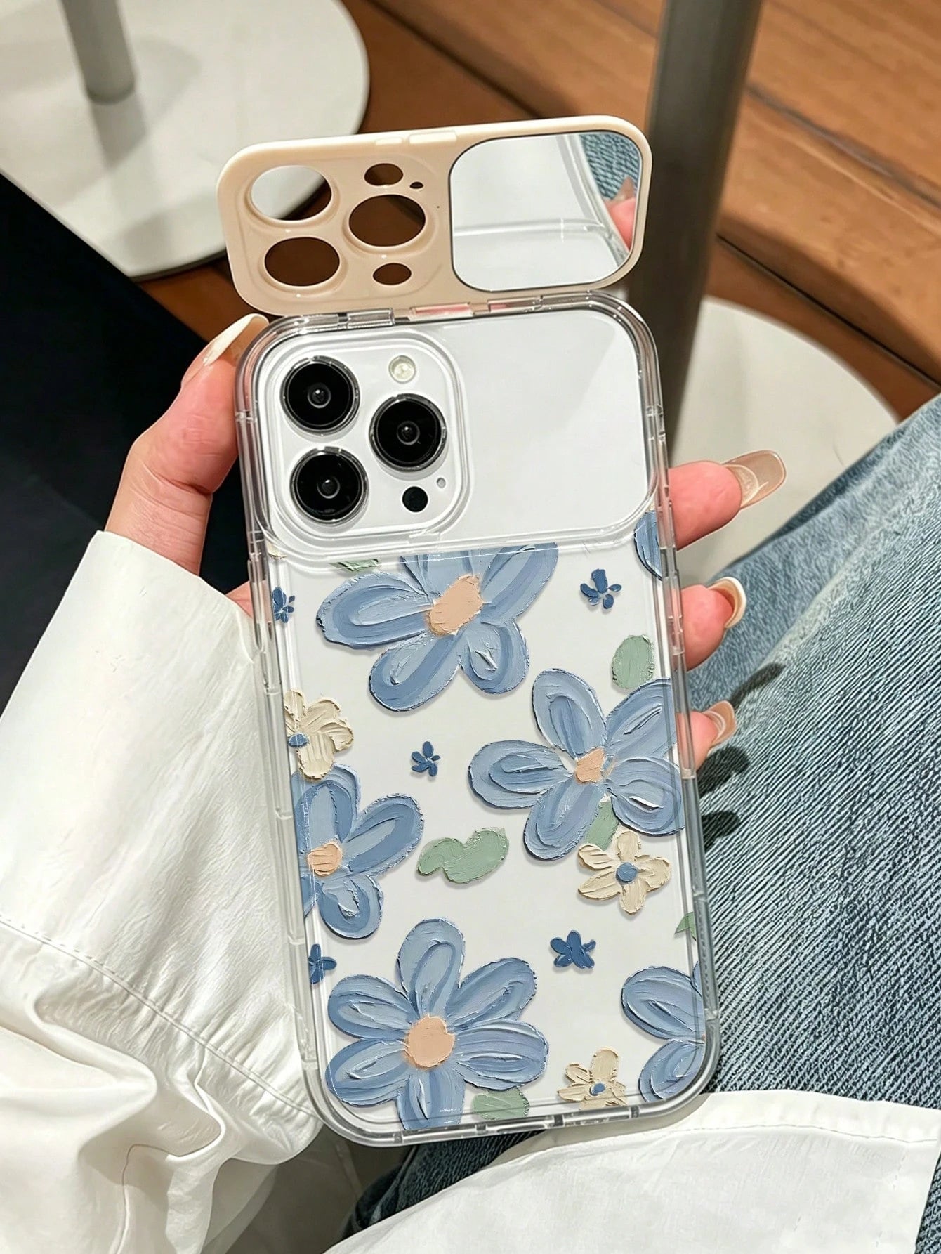 1pc Beige TPU Floral Painted Flip Mirror Minimalist Phone Case With Mirror Stand, Anti-Fall Protective Cover Compatible With IPhone 17pro/17Air/17/17promax 16/11/16pro/16plus/16promax/16e/15Promax/13
