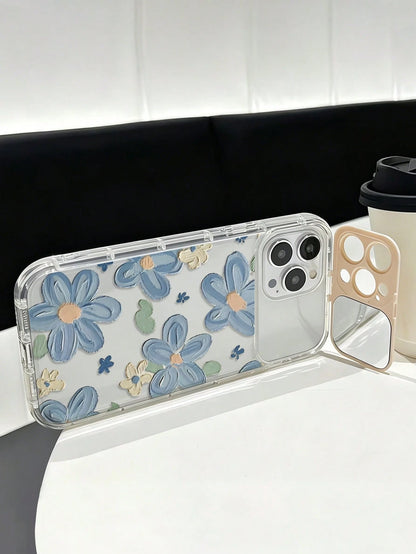 1pc Beige TPU Floral Painted Flip Mirror Minimalist Phone Case With Mirror Stand, Anti-Fall Protective Cover Compatible With IPhone 17pro/17Air/17/17promax 16/11/16pro/16plus/16promax/16e/15Promax/13