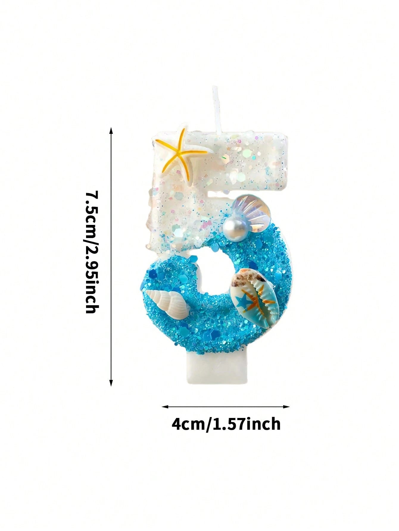 1pc Birthday Candles With Starfish & Seashells- 0-9 Number, Glittery Blue & White Candle, Perfect For Beach-Themed Parties, Beach Party Decor