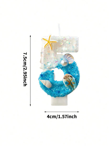 1pc Birthday Candles With Starfish & Seashells- 0-9 Number, Glittery Blue & White Candle, Perfect For Beach-Themed Parties, Beach Party Decor