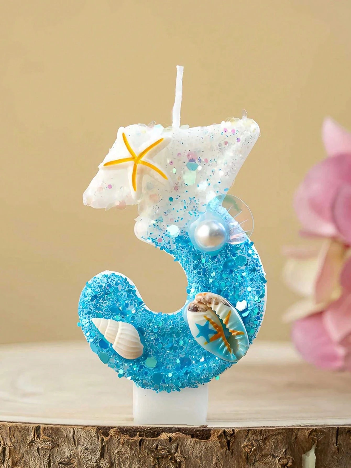 1pc Birthday Candles With Starfish & Seashells- 0-9 Number, Glittery Blue & White Candle, Perfect For Beach-Themed Parties, Beach Party Decor