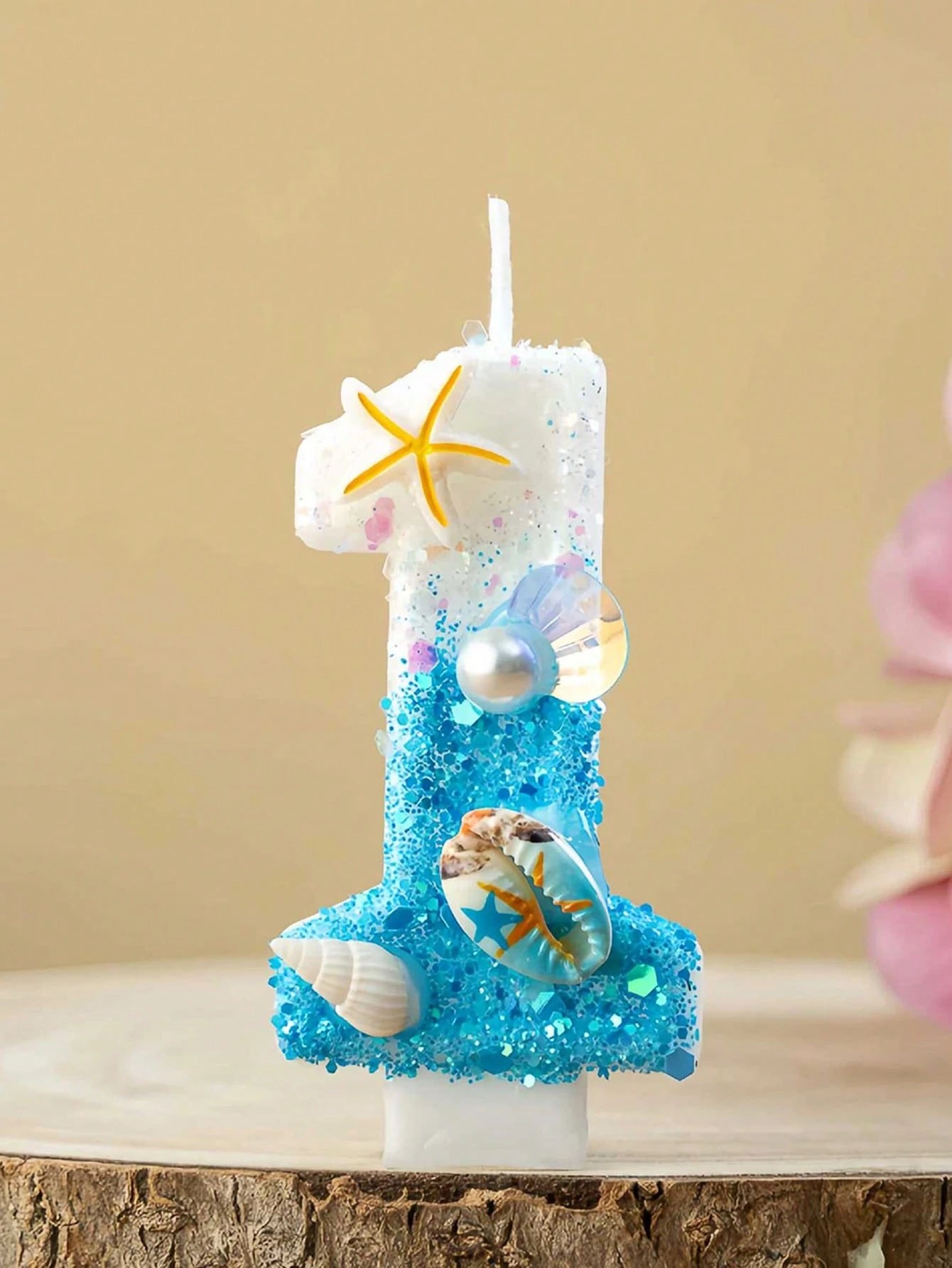 1pc Birthday Candles With Starfish & Seashells- 0-9 Number, Glittery Blue & White Candle, Perfect For Beach-Themed Parties, Beach Party Decor