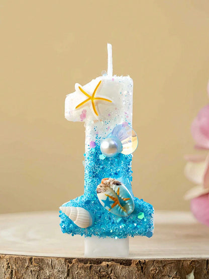 1pc Birthday Candles With Starfish & Seashells- 0-9 Number, Glittery Blue & White Candle, Perfect For Beach-Themed Parties, Beach Party Decor