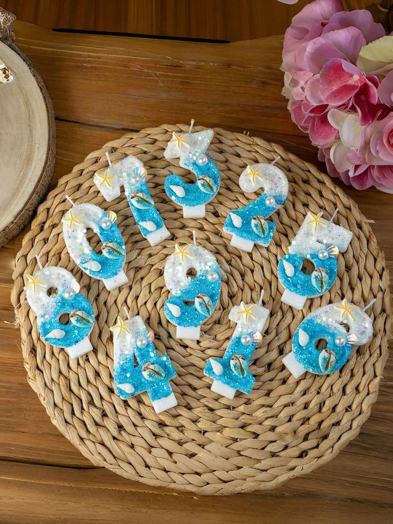 1pc Birthday Candles With Starfish & Seashells- 0-9 Number, Glittery Blue & White Candle, Perfect For Beach-Themed Parties, Beach Party Decor