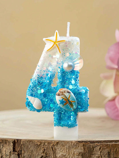 1pc Birthday Candles With Starfish & Seashells- 0-9 Number, Glittery Blue & White Candle, Perfect For Beach-Themed Parties, Beach Party Decor