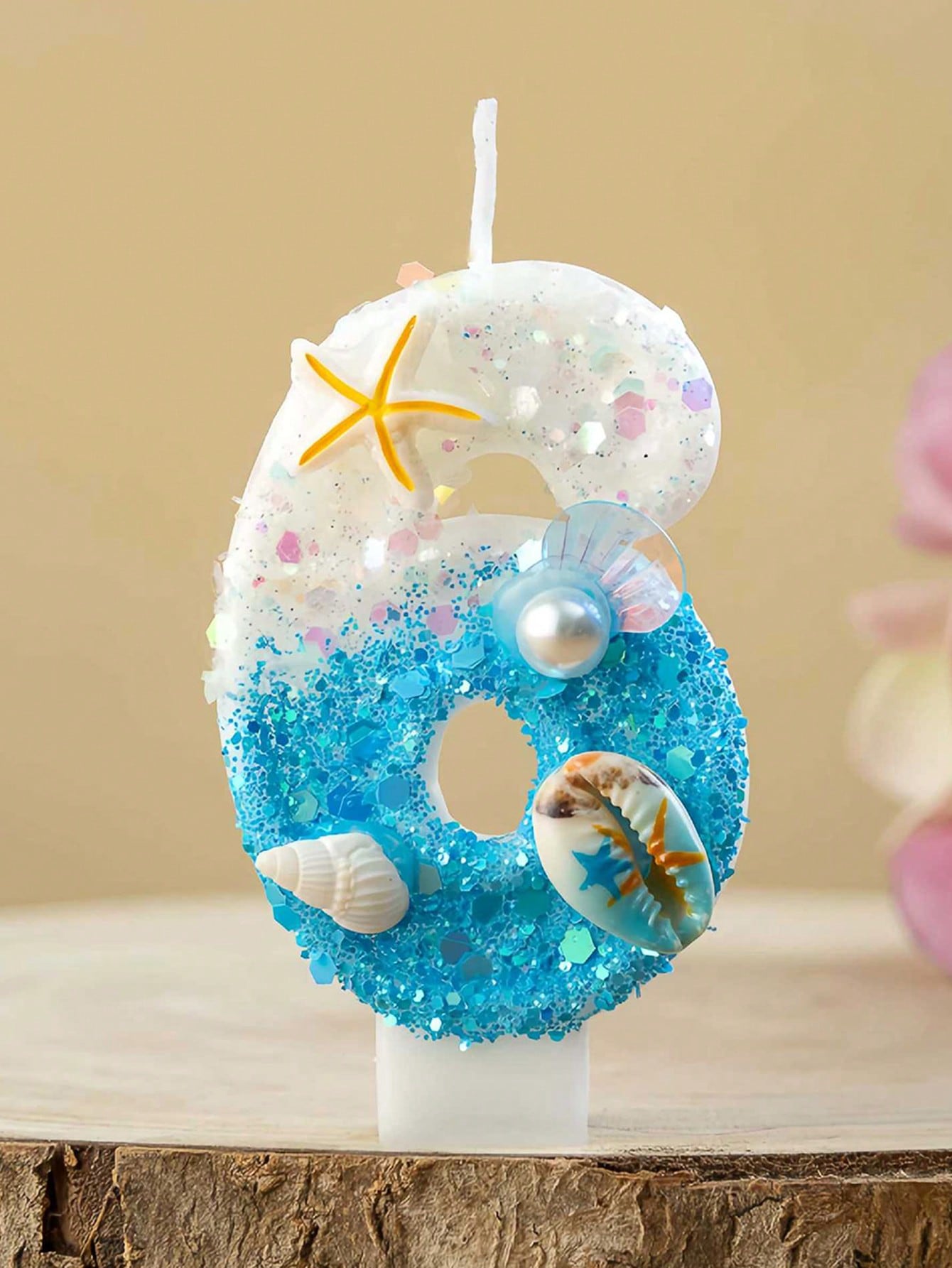 1pc Birthday Candles With Starfish & Seashells- 0-9 Number, Glittery Blue & White Candle, Perfect For Beach-Themed Parties, Beach Party Decor