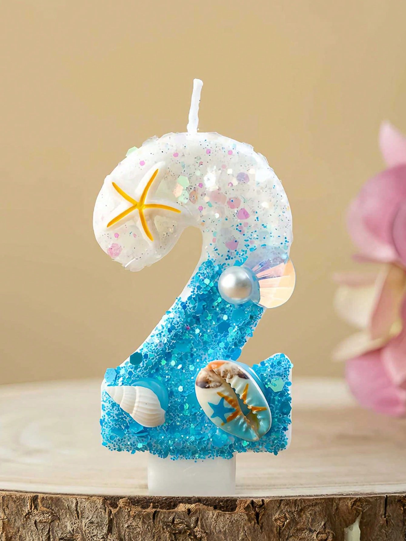 1pc Birthday Candles With Starfish & Seashells- 0-9 Number, Glittery Blue & White Candle, Perfect For Beach-Themed Parties, Beach Party Decor