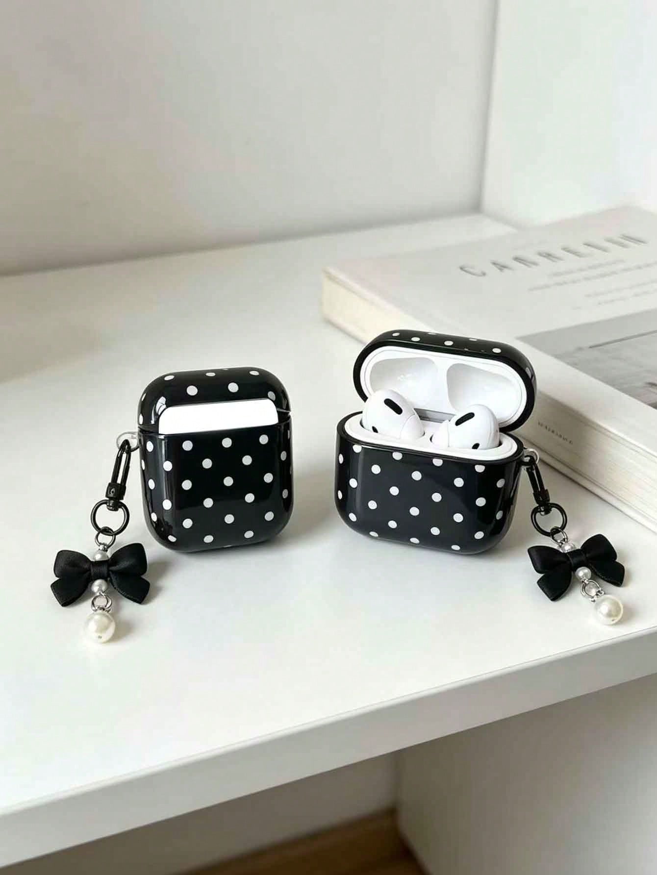 1pc Black 4 Case With Smooth White Polka Dot Pattern + Matching Pearl Strap Earphone Case Compatible With AirPods 1/2/3/Pro/Pro 2nd, Protective Cover
