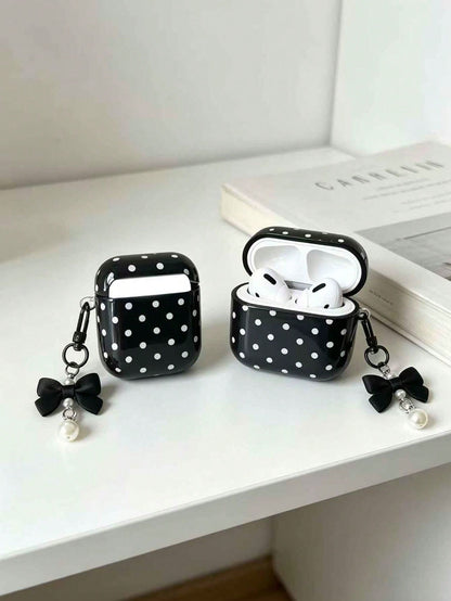 1pc Black 4 Case With Smooth White Polka Dot Pattern + Matching Pearl Strap Earphone Case Compatible With AirPods 1/2/3/Pro/Pro 2nd, Protective Cover