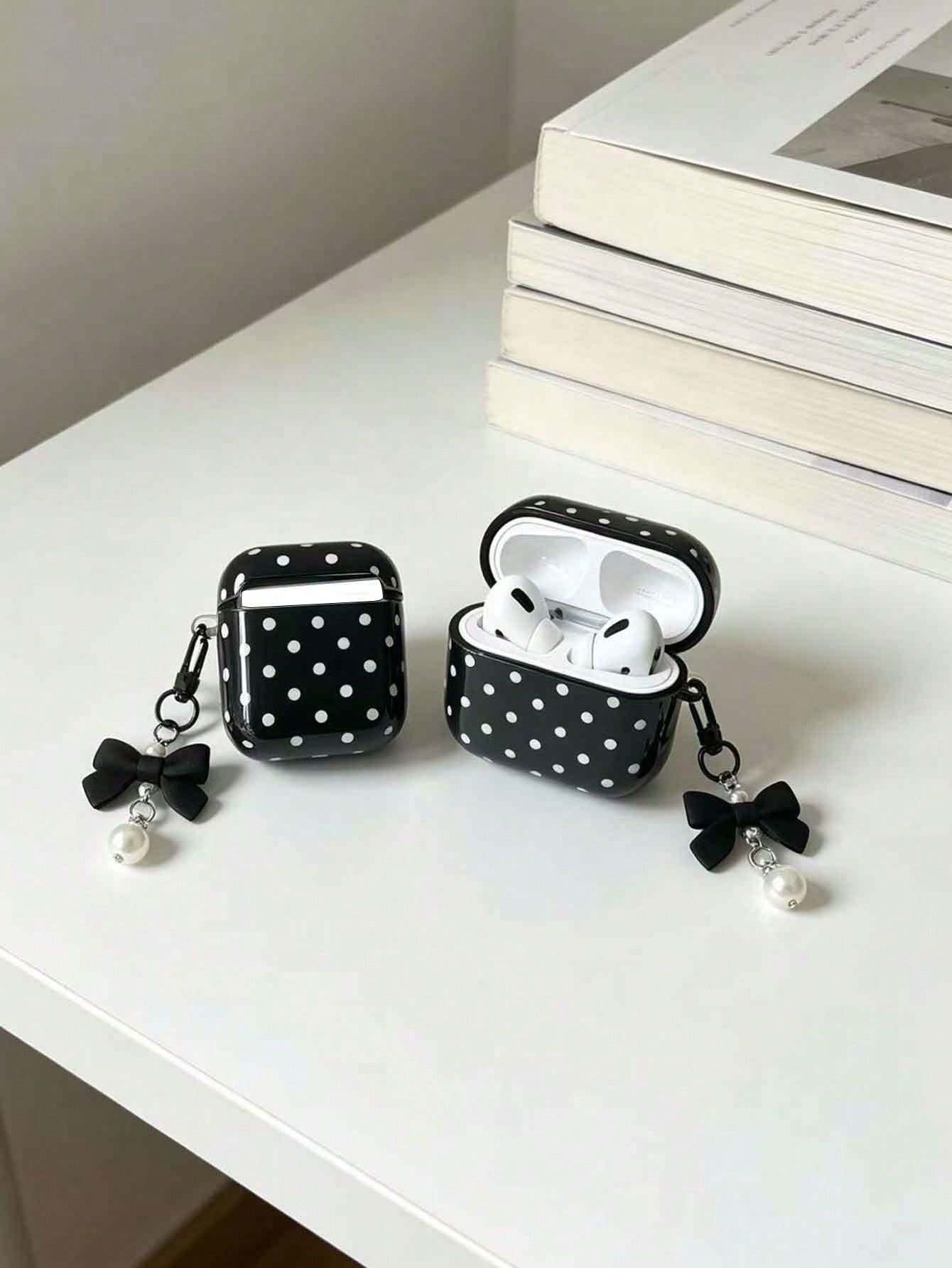 1pc Black 4 Case With Smooth White Polka Dot Pattern + Matching Pearl Strap Earphone Case Compatible With AirPods 1/2/3/Pro/Pro 2nd, Protective Cover