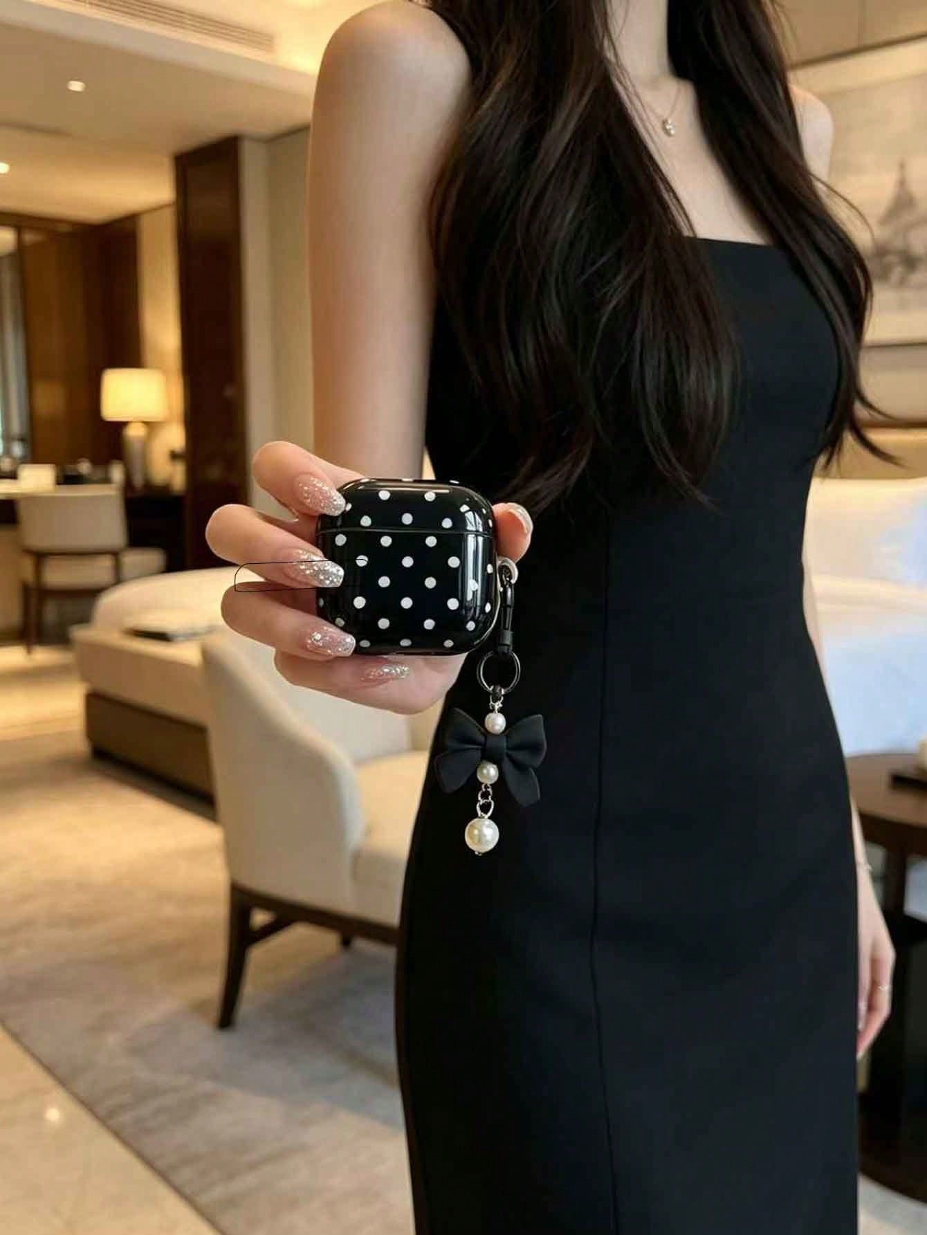 1pc Black 4 Case With Smooth White Polka Dot Pattern + Matching Pearl Strap Earphone Case Compatible With AirPods 1/2/3/Pro/Pro 2nd, Protective Cover