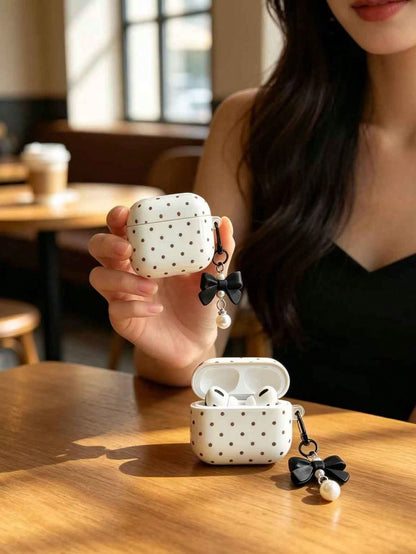 1pc Black 4 Case With Smooth White Polka Dot Pattern + Matching Pearl Strap Earphone Case Compatible With AirPods 1/2/3/Pro/Pro 2nd, Protective Cover