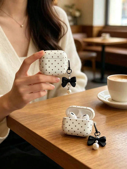 1pc Black 4 Case With Smooth White Polka Dot Pattern + Matching Pearl Strap Earphone Case Compatible With AirPods 1/2/3/Pro/Pro 2nd, Protective Cover