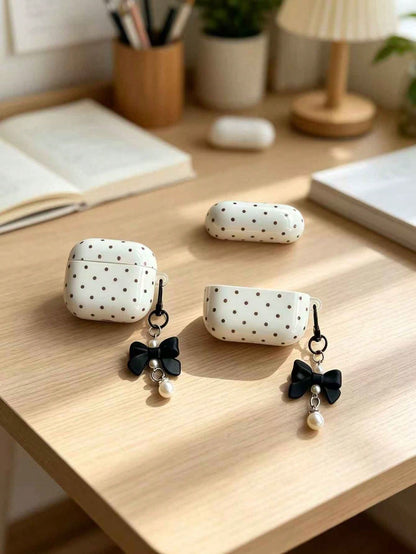 1pc Black 4 Case With Smooth White Polka Dot Pattern + Matching Pearl Strap Earphone Case Compatible With AirPods 1/2/3/Pro/Pro 2nd, Protective Cover