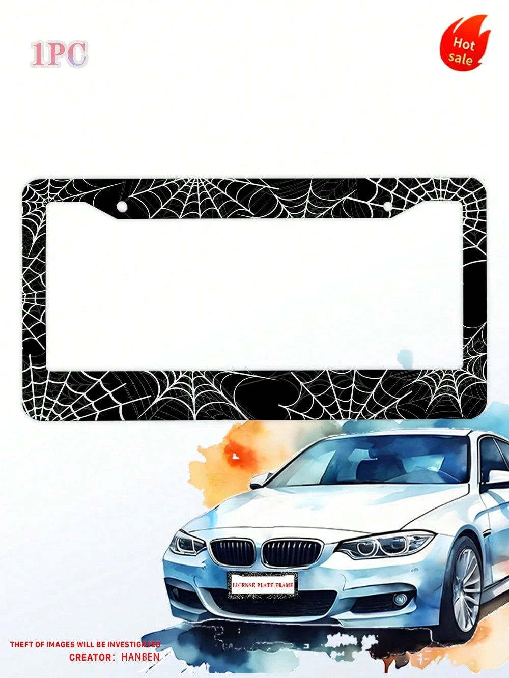 1PC Black And White Spider Web License Plate Frame, Cool Novelty License Plate Frame Metal License Plate Holder US Vehicles Standard Size12x6 Inch