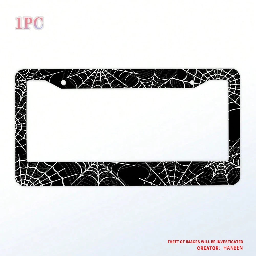 1PC Black And White Spider Web License Plate Frame, Cool Novelty License Plate Frame Metal License Plate Holder US Vehicles Standard Size12x6 Inch
