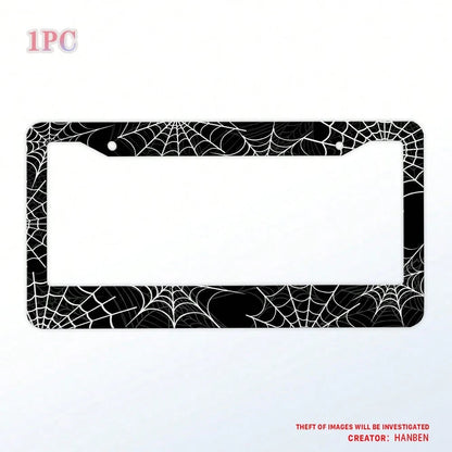 1PC Black And White Spider Web License Plate Frame, Cool Novelty License Plate Frame Metal License Plate Holder US Vehicles Standard Size12x6 Inch